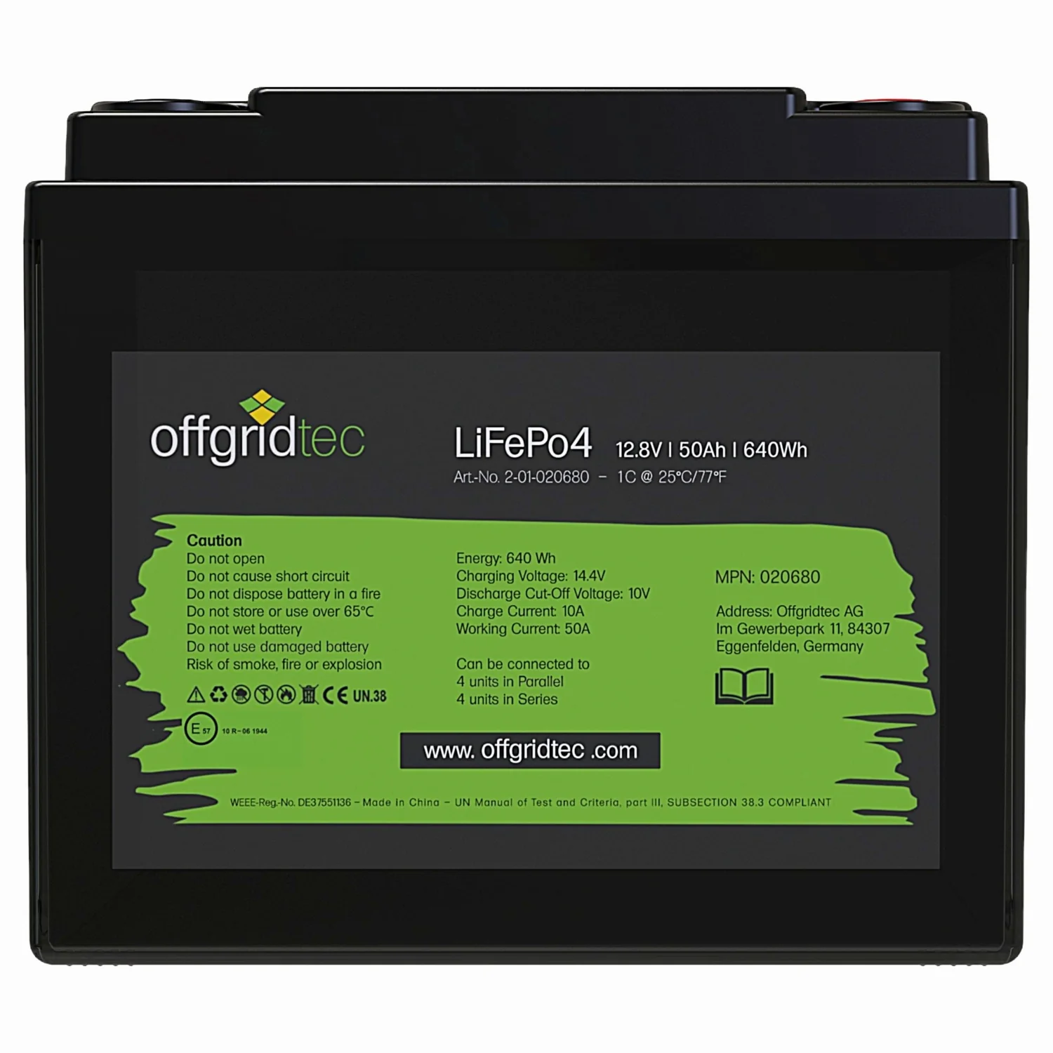 LiFePO4 Akku 12V 50Ah Frontalansicht mit Typenschild und technischen Daten