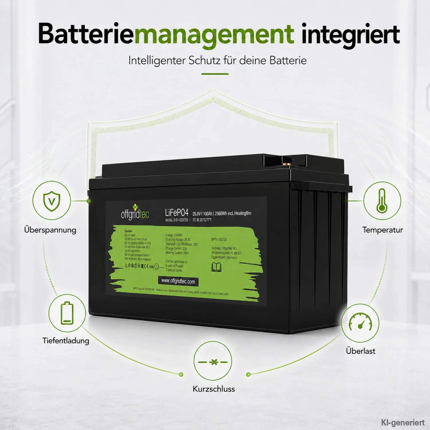 100Ah 24V LiFePO4 Akku 2560Wh 25,6V mit BMS und Heizmatte – Detailansicht (2)