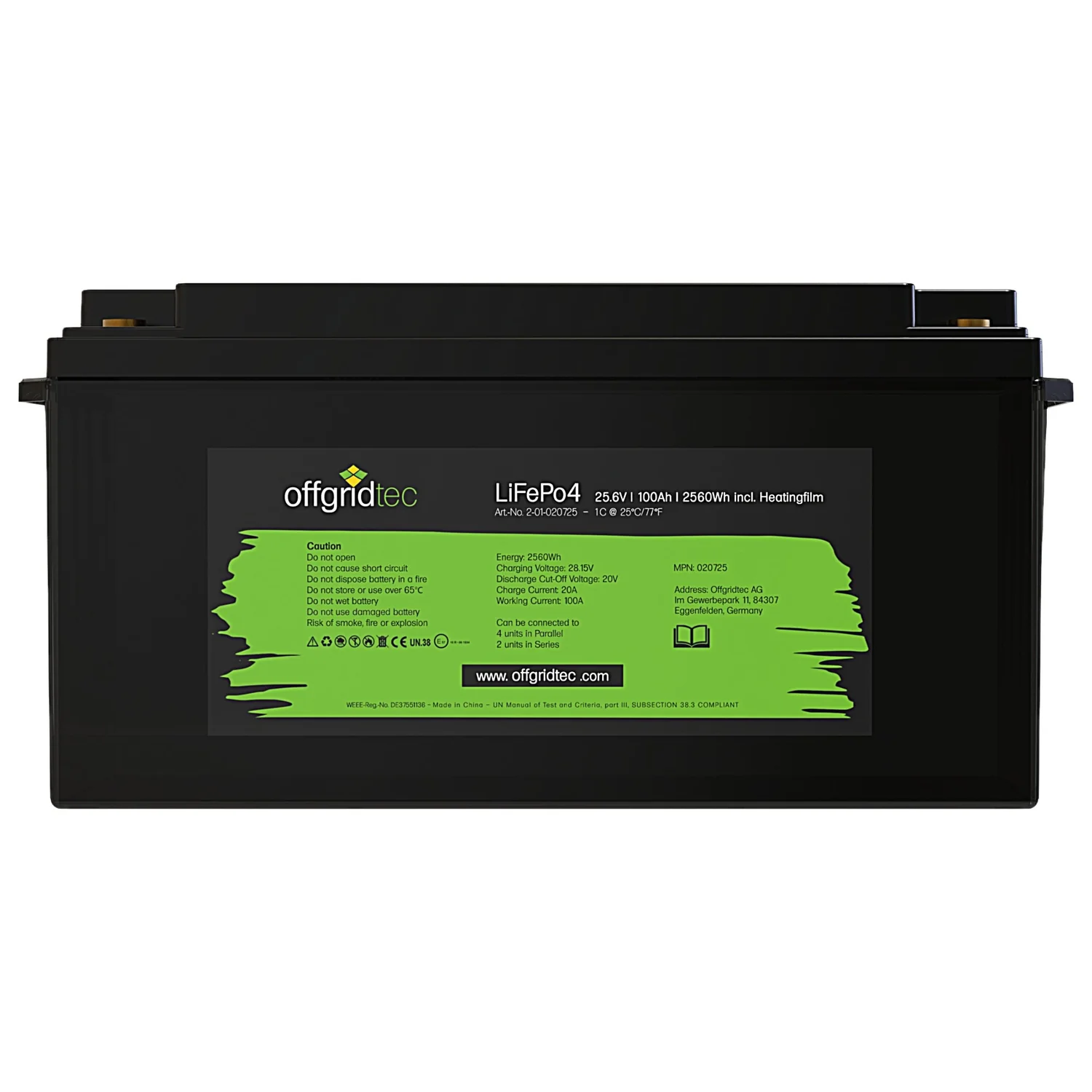 100Ah 24V LiFePO4 Akku 2560Wh 25,6V mit BMS und Heizmatte – Typenschild