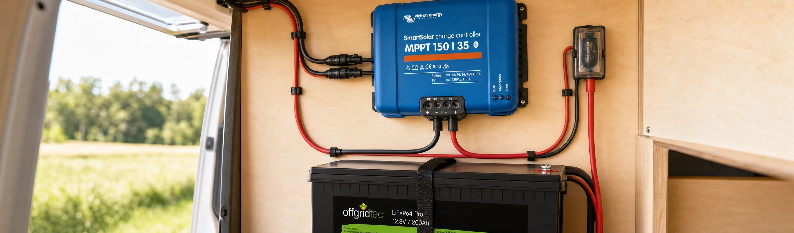 Victron SmartSolar MPPT 150/35 Laderegler und Offgridtec LiFePO4 Pro 200Ah Batterie im Technikfach eines Campers