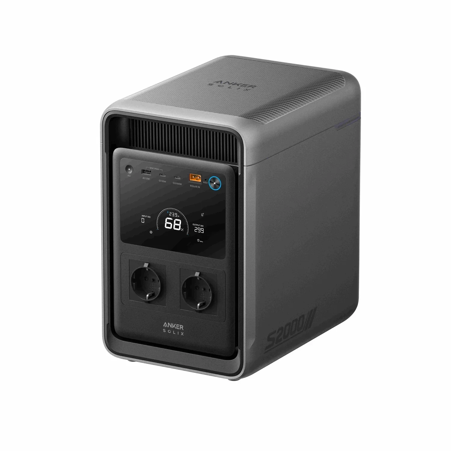 Anker SOLIX S2000 Powerstation schräg von vorne mit Display und Schuko-Steckdosen