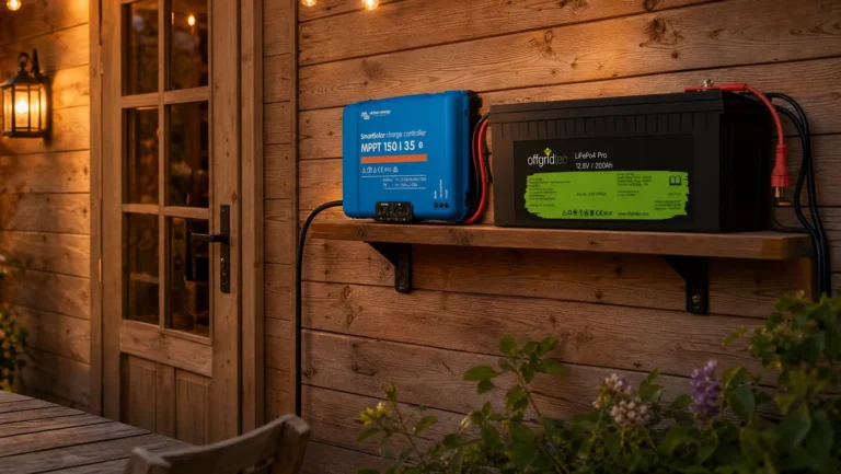 Gartenhaus mit Victron SmartSolar MPPT 150/35 und Offgridtec LiFePO4 Pro auf dem Technikregal (Mobilausschnitt)