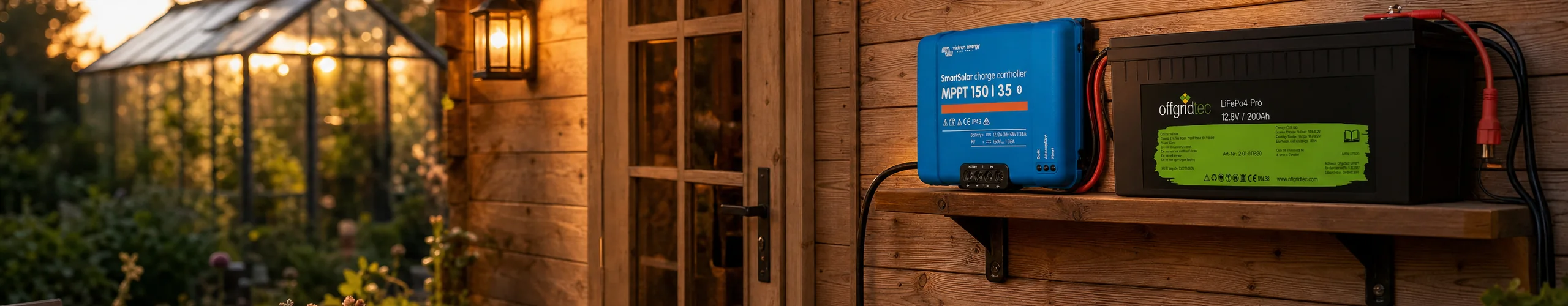 Gartenhaus am Abend mit Lichterkette, Victron SmartSolar und Offgridtec-Akku auf dem Technikregal