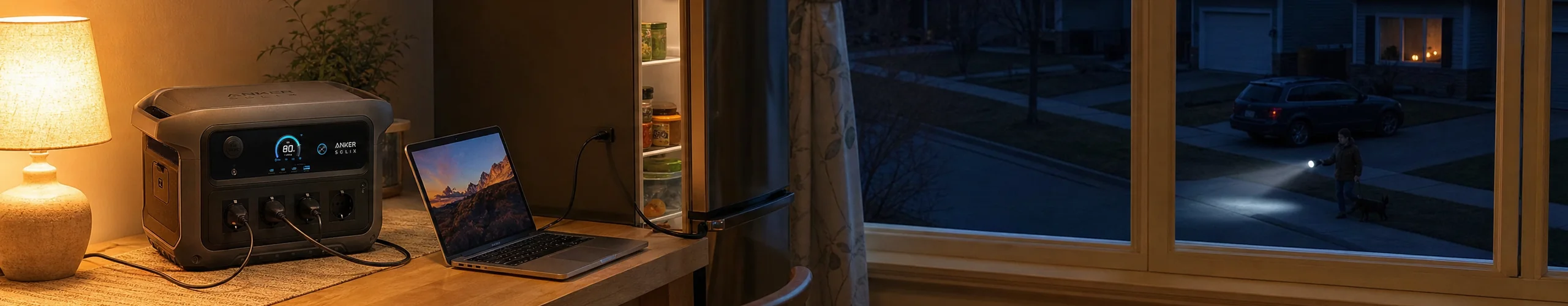Stromausfall am Abend: Anker SOLIX C2000 Powerstation versorgt Tischlampe, Laptop und Kühlschrank, während draußen die Nachbarhäuser dunkel sind, mit Kerzen in den Fenstern und einem Passanten mit Taschenlampe