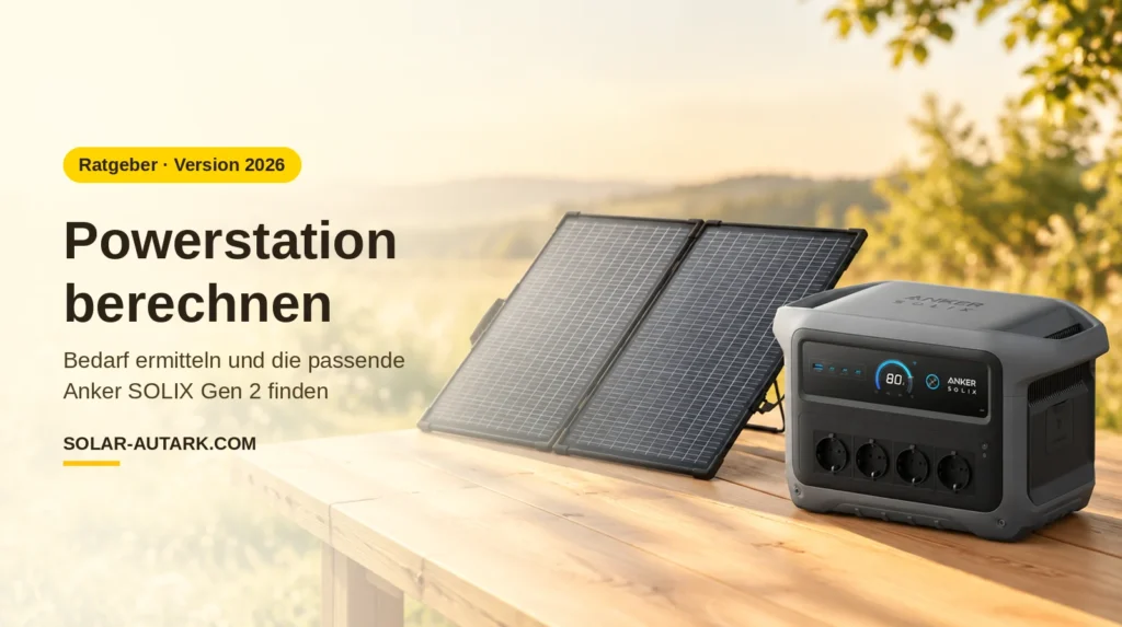 Anker SOLIX Powerstation mit faltbarem Solarpanel auf einem Holztisch in der Abendsonne – Powerstation berechnen 2026