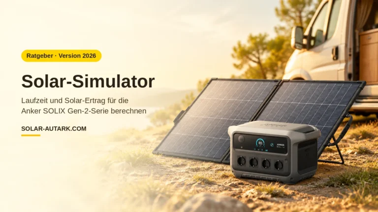 Anker SOLIX C2000 Gen 2 mit Solarpanel vor einem Camper-Van in der Sonne – Solar-Simulator 2026
