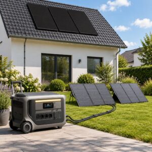 2300W Solar-Notstrom-Set mit Anker SOLIX F3000 – drei Dachmodule plus zwei Anker SOLIX PS400 im Garten (Symbolbild)
