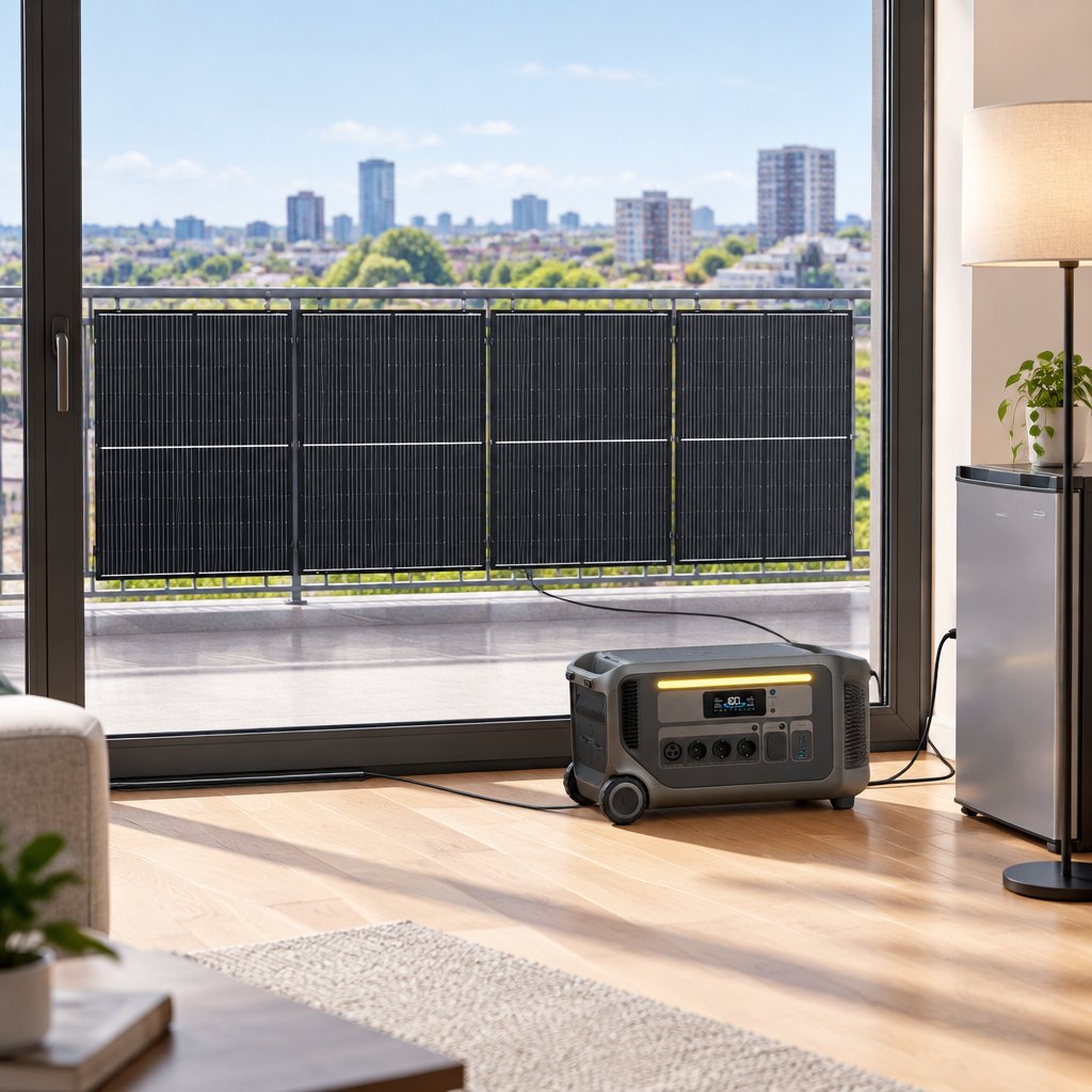 Balkon-Notstrom 800W mit Anker SOLIX F3000 – vier 200-W-Module am Balkongeländer, Flachkabel durch die Balkontür (Symbolbild)