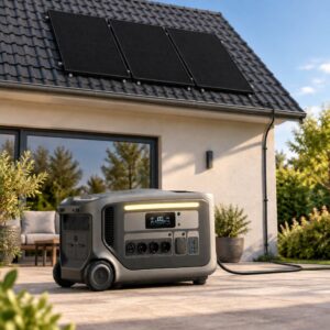Blackout-Solaranlage 1500W mit Anker SOLIX F3000 – drei Dachmodule am Hochvolt-Eingang, Powerstation auf der Terrasse (Symbolbild)