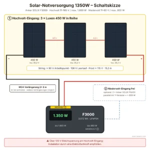 Schaltskizze Solar-Notversorgung 1350W: 3 × Luxen 450 W in Reihe am Hochvolt-Eingang der Anker SOLIX F3000