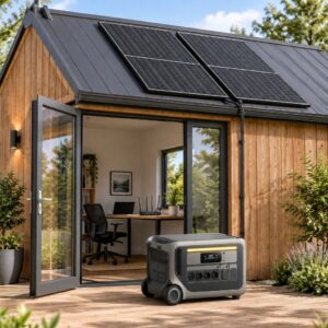 Solar-USV-Anlage 940W mit Anker SOLIX F3000 – zwei Trina-Doppelglasmodule auf dem Gartenbüro (Symbolbild)